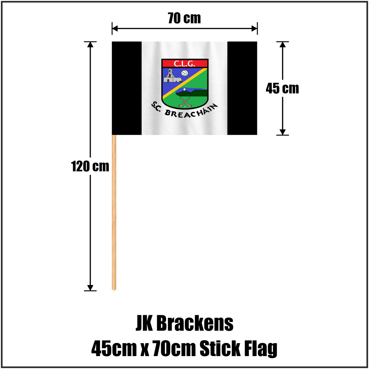 JK Brackens 45cm x 70cm Stick Flag, featuring the club crest and black and white colours; County Tipperary GAA. ClubFlags.ie.