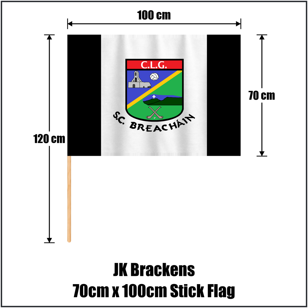 JK Brackens 70cm x 100cm Stick Flag, featuring the club crest and black and white colours; County Tipperary GAA. ClubFlags.ie.