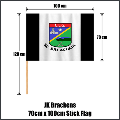JK Brackens 70cm x 100cm Stick Flag, featuring the club crest and black and white colours; County Tipperary GAA. ClubFlags.ie.