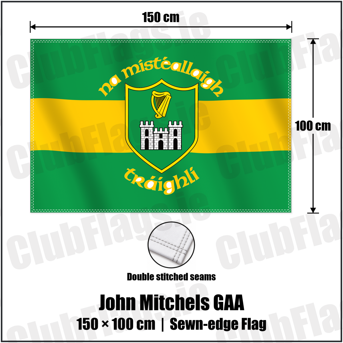 John Mitchels GAA 100cm x 150cm Flag (sewn on the edges) with the verified club crest and colours, Kerry GAA - ClubFlags.ie
