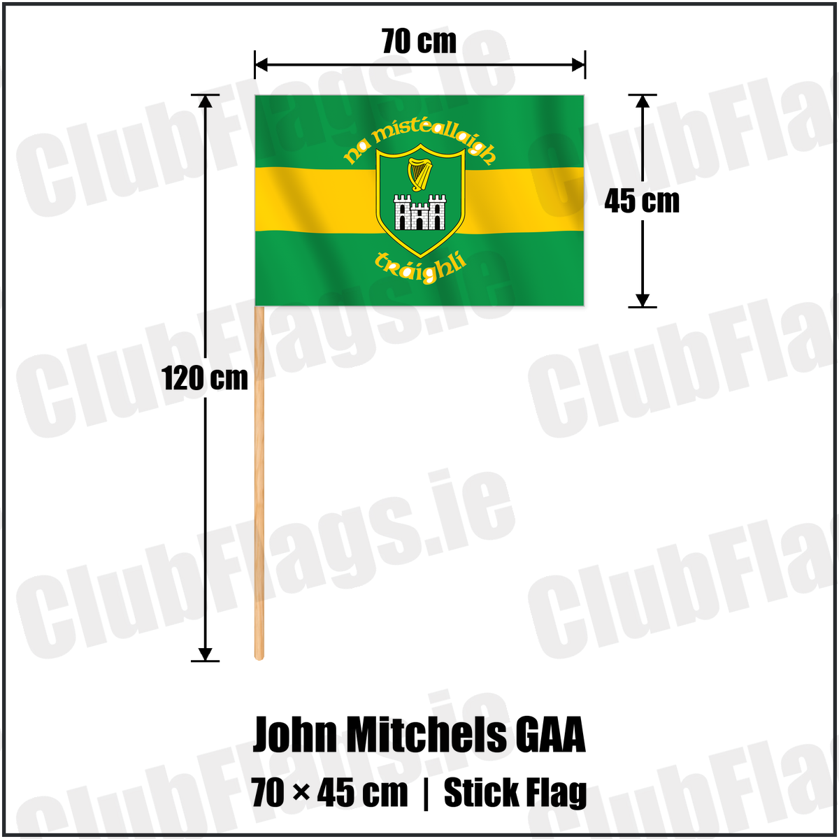 John Mitchels GAA 45cm x 70cm Stick Flag with the verified club crest and colours, Kerry GAA - ClubFlags.ie
