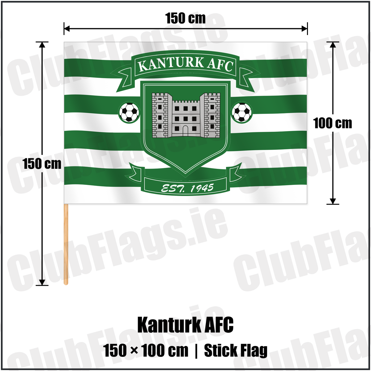 Kanturk AFC 100cm x 150cm Stick Flag with the club crest and colours, Cork Football - ClubFlags.ie