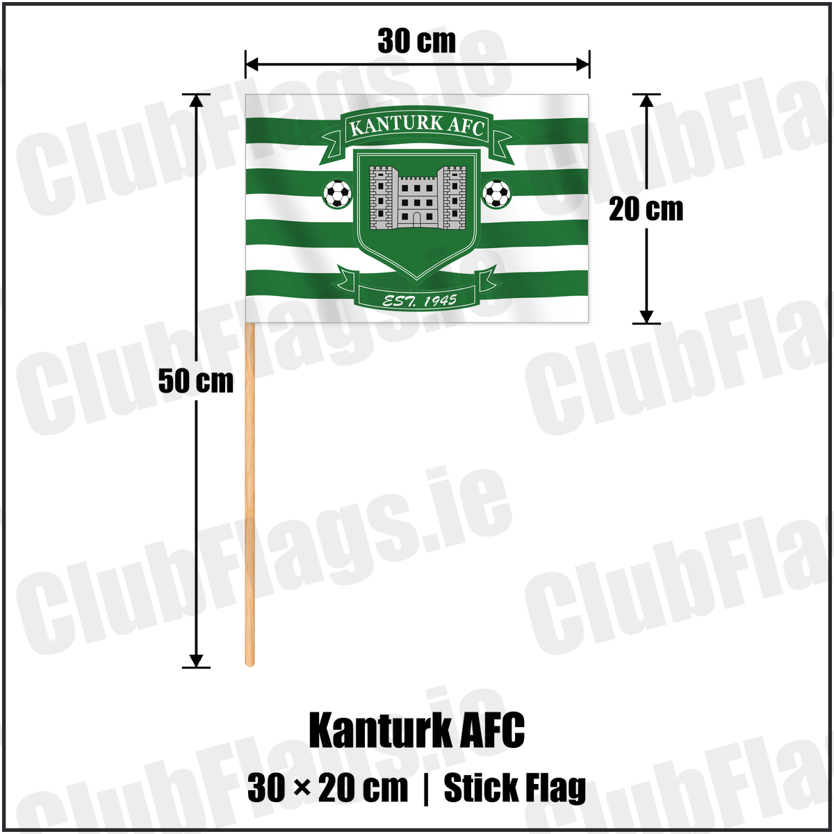 Kanturk AFC 20cm x 30cm Stick Flag with the club crest and colours, Cork Football - ClubFlags.ie