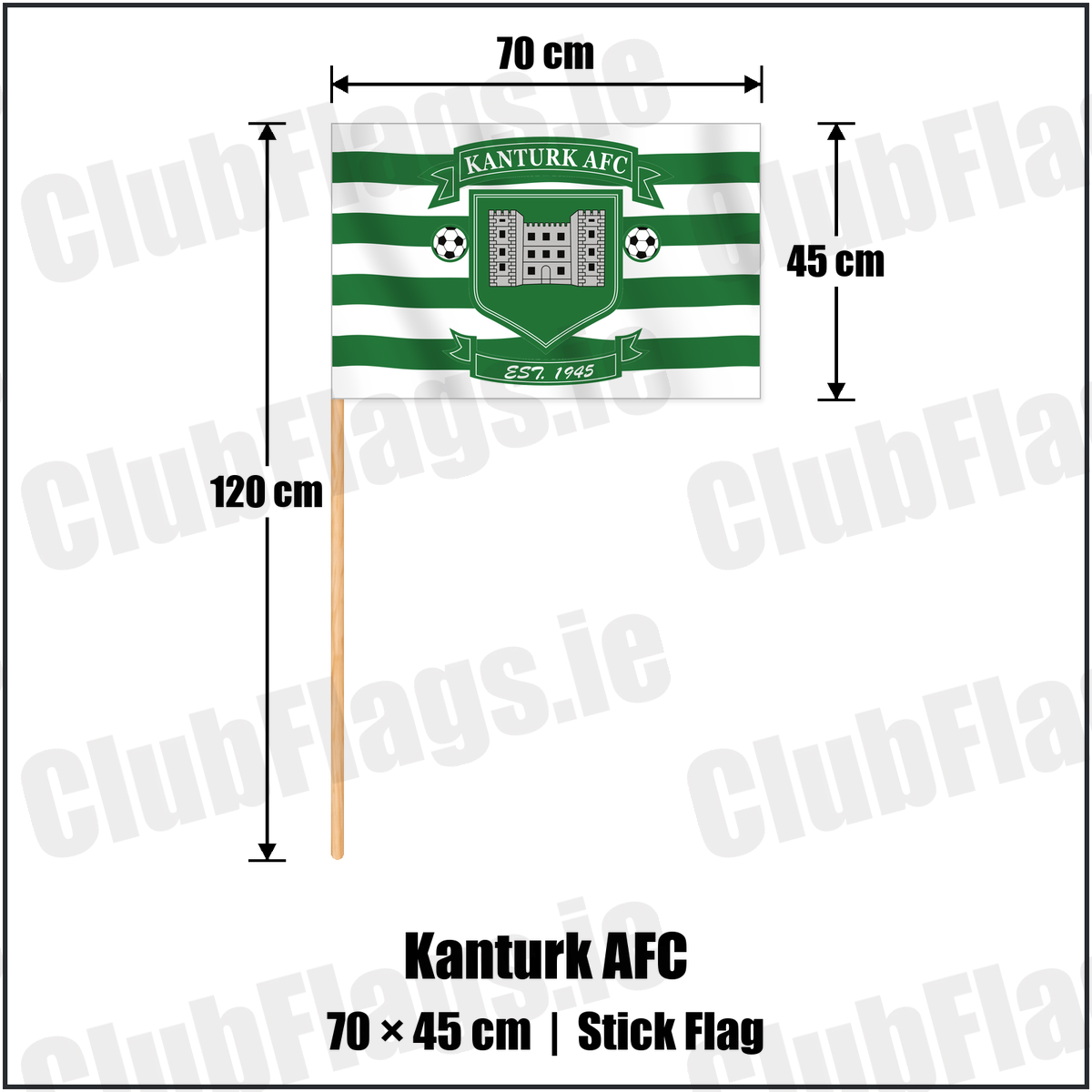 Kanturk AFC 45cm x 70cm Stick Flag with the club crest and colours, Cork Football - ClubFlags.ie