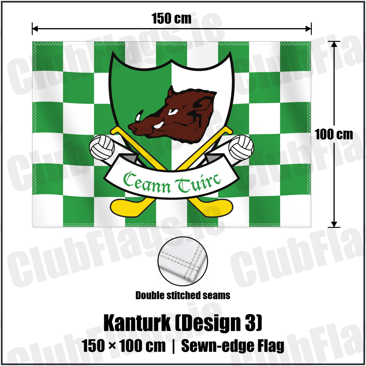Kanturk (Design 3) 100cm x 150cm Flag (sewn on the edges) with the verified club crest and colours, Cork GAA - ClubFlags.ie