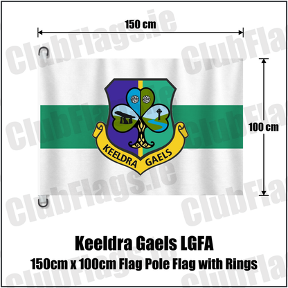 Keeldra Gaels LGFA 150cm x 100cm Flag Pole Flag with Rings, featuring the club crest and white and green colours; County Leitrim ladies Gaelic football. ClubFlags.ie.