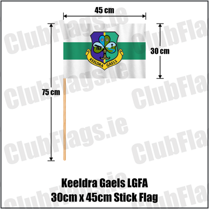 Keeldra Gaels LGFA 30cm x 45cm Stick Flag, featuring the club crest and white and green colours; County Leitrim ladies Gaelic football. ClubFlags.ie.