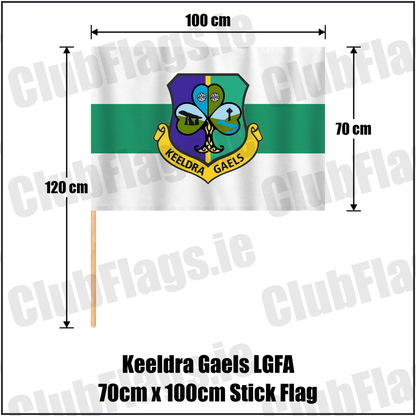 Keeldra Gaels LGFA 70cm x 100cm Stick Flag, featuring the club crest and white and green colours; County Leitrim ladies Gaelic football. ClubFlags.ie.
