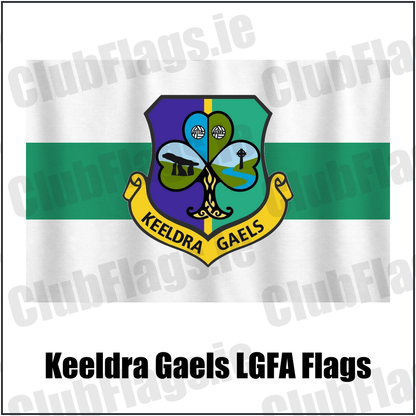Keeldra Gaels LGFA Flags, featuring the club crest and white and green colours; County Leitrim ladies Gaelic football. ClubFlags.ie.