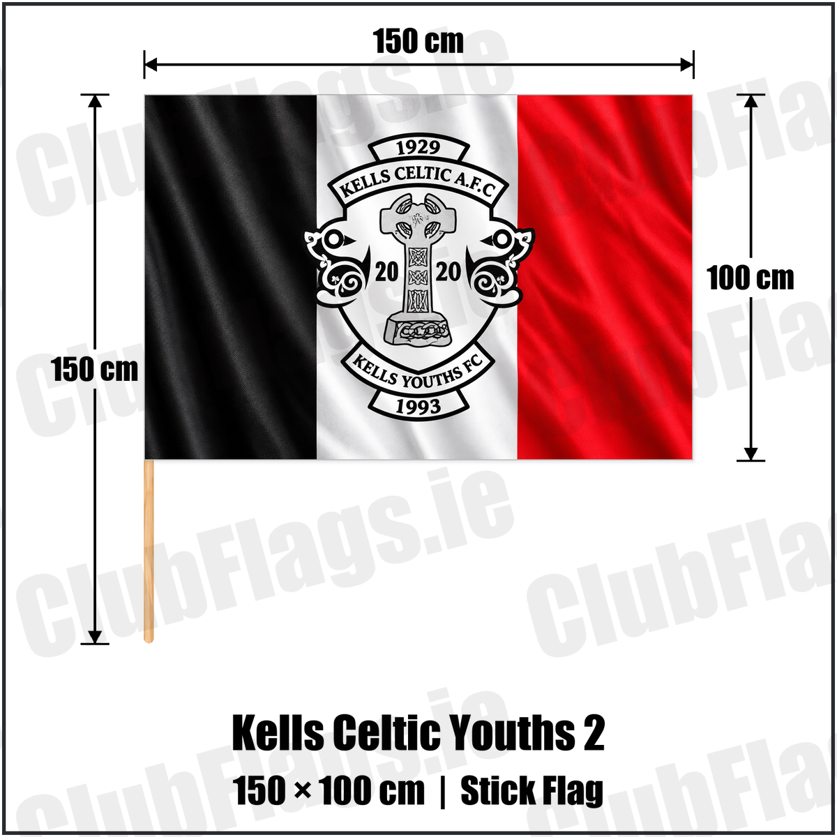 Kells Celtic Youths 2 100cm x 150cm Stick Flag with the club crest and colours, Meath Football - ClubFlags.ie