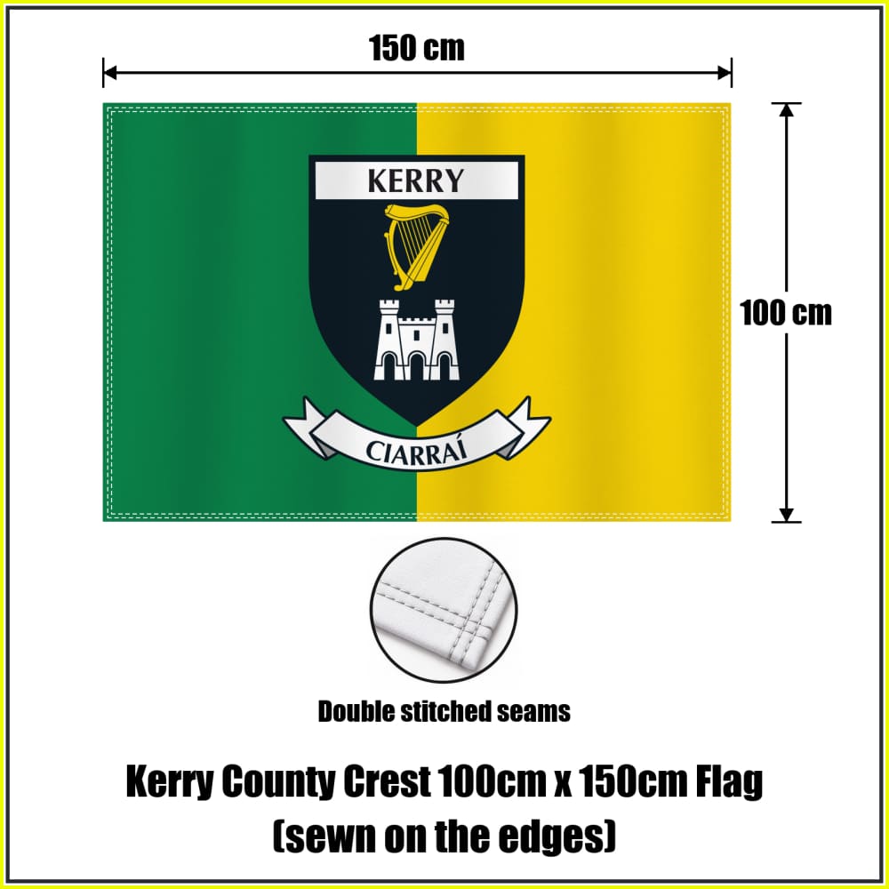 Kerry county crest 100 × 150 cm sewn-edge flag in green and yellow, with dimension arrows and a double-stitch seam close-up.