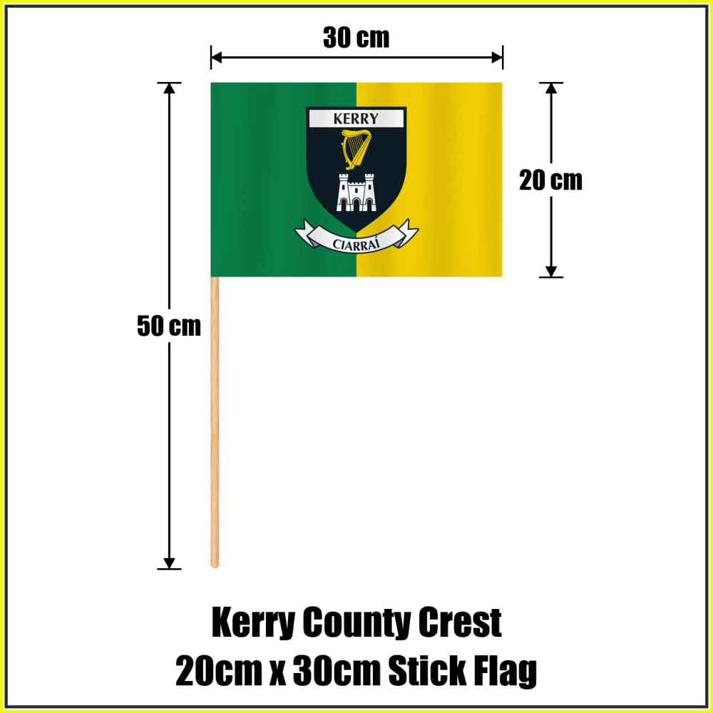 Kerry county crest 20 × 30 cm stick flag in green and yellow, with a 50 cm wooden stick and dimension arrows.