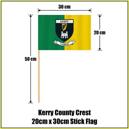 Kerry county crest 20 × 30 cm stick flag in green and yellow, with a 50 cm wooden stick and dimension arrows.