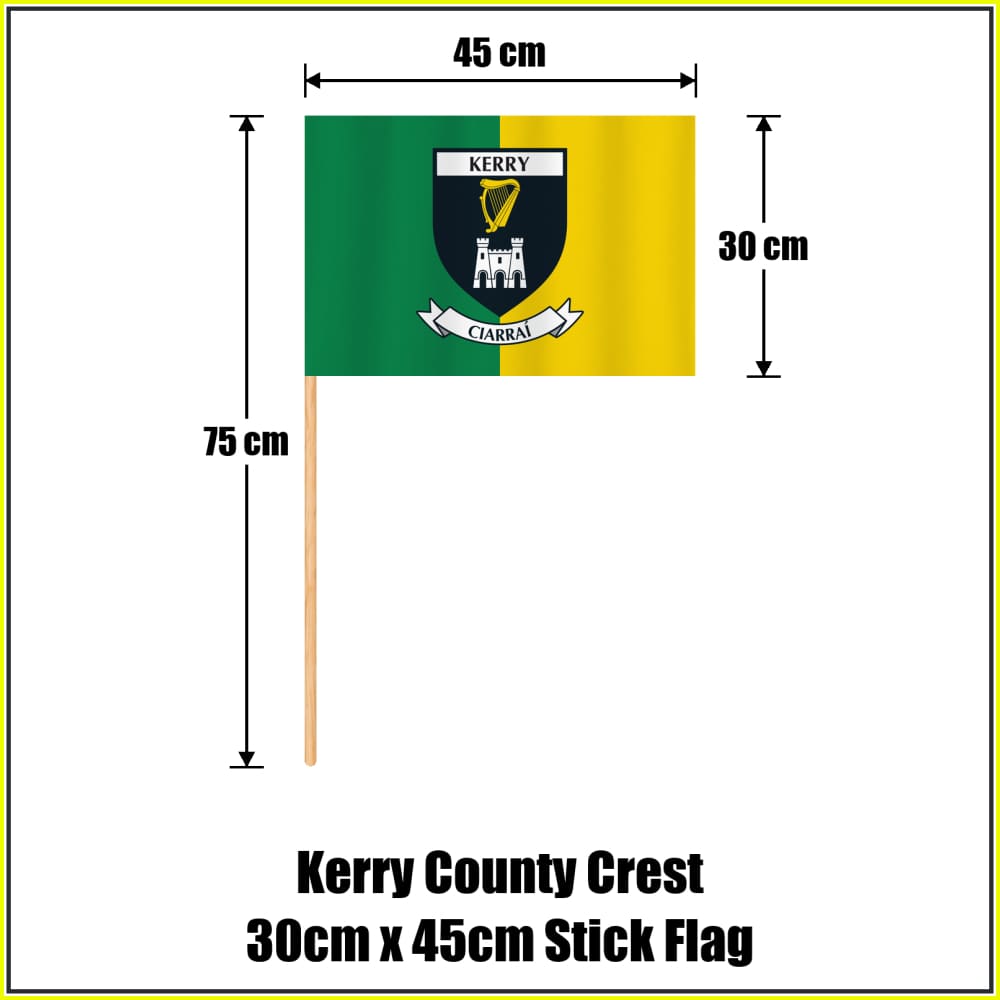 Kerry county crest 30 × 45 cm stick flag in green and yellow, with a 75 cm wooden stick and dimension arrows.