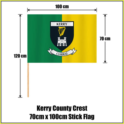 Kerry county crest 70 × 100 cm stick flag in green and yellow, with a 120 cm wooden stick and dimension arrows.