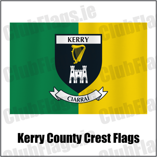 Kerry county crest flag in green and yellow, with county name and crest.