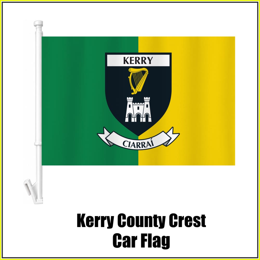 Kerry county crest car flag in green and yellow, on a white plastic window mount.