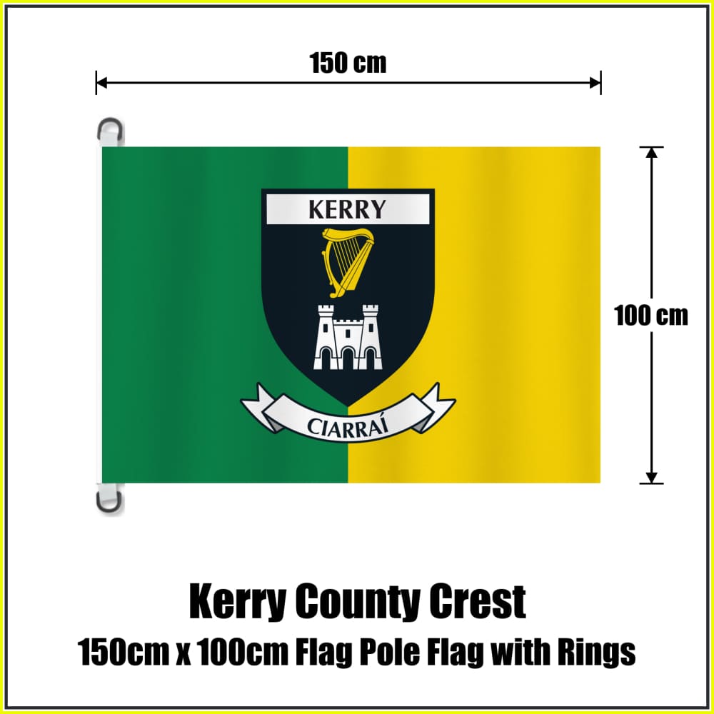 Kerry county crest flag, 150 cm wide × 100 cm high, in green and yellow, with two dark attachment rings on white tabs and no pole.