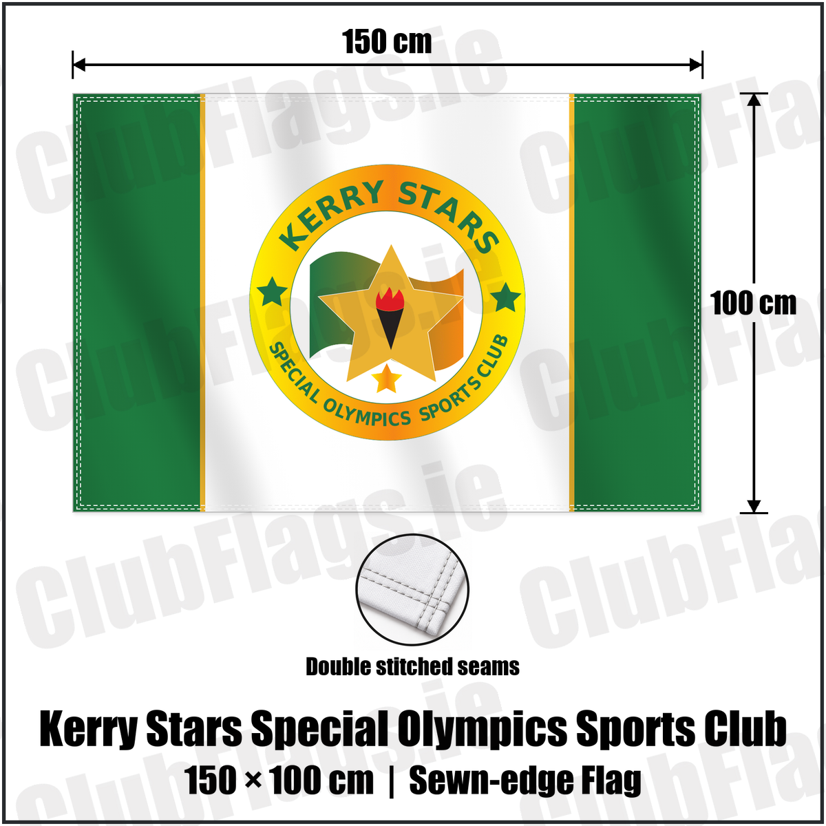 Kerry Stars Special Olympics Sports Club 100cm x 150cm Flag (sewn on the edges) with the club crest and colours, Kerry Basketball - ClubFlags.ie