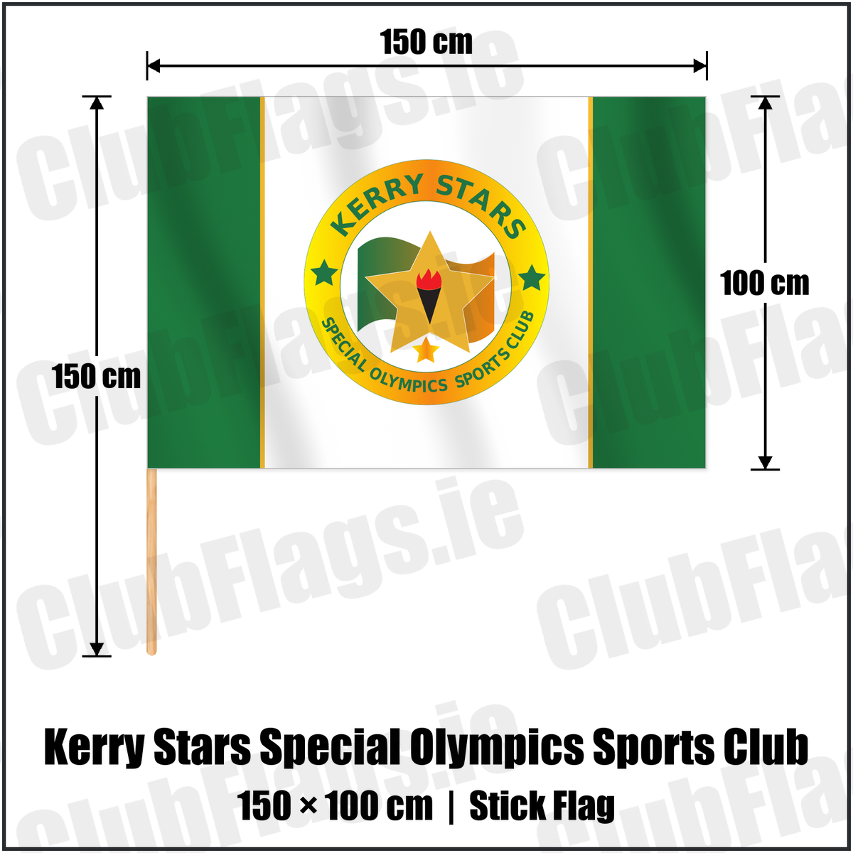 Kerry Stars Special Olympics Sports Club 100cm x 150cm Stick Flag with the club crest and colours, Kerry Basketball - ClubFlags.ie