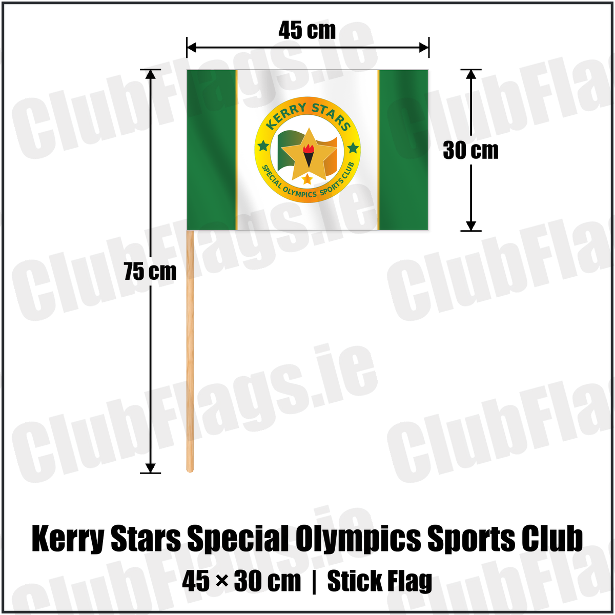 Kerry Stars Special Olympics Sports Club 30cm x 45cm Stick Flag with the club crest and colours, Kerry Basketball - ClubFlags.ie