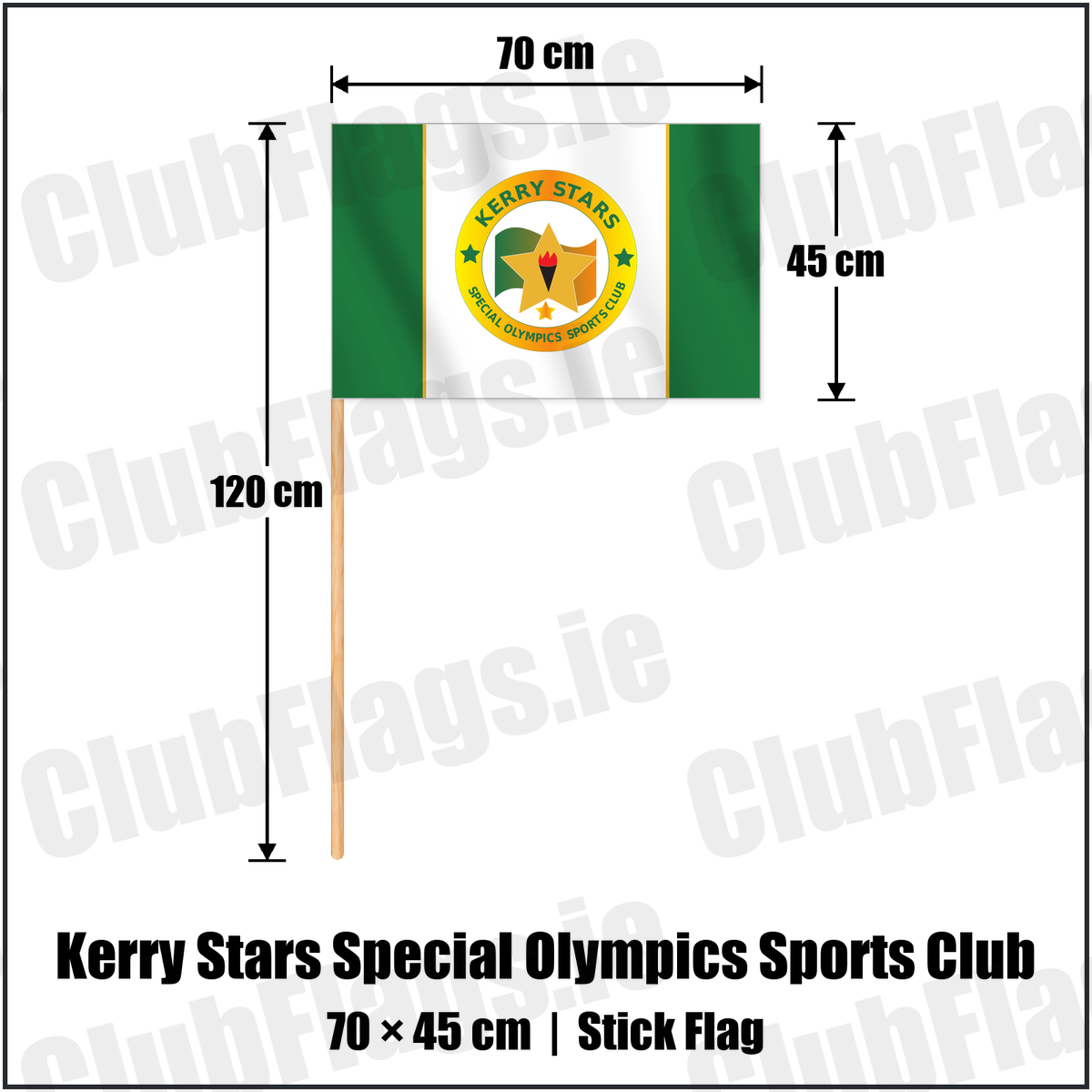 Kerry Stars Special Olympics Sports Club 45cm x 70cm Stick Flag with the club crest and colours, Kerry Basketball - ClubFlags.ie