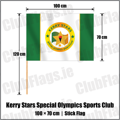 Kerry Stars Special Olympics Sports Club 70cm x 100cm Stick Flag with the club crest and colours, Kerry Basketball - ClubFlags.ie