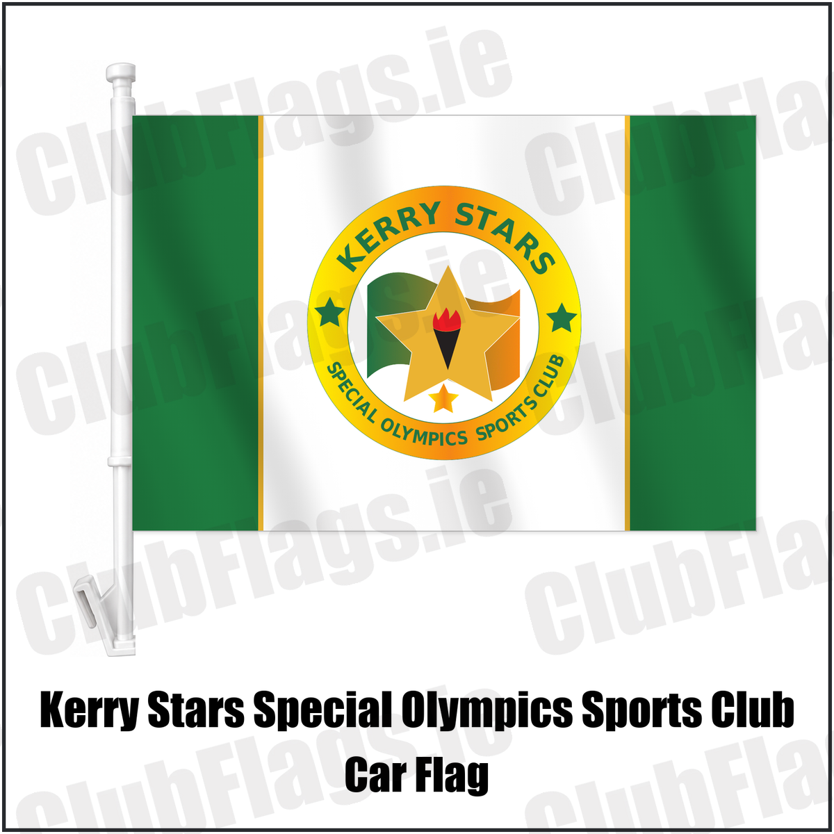 Kerry Stars Special Olympics Sports Club Car Flag with the club crest and colours, Kerry Basketball - ClubFlags.ie