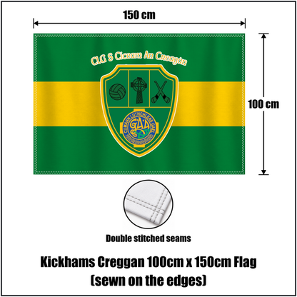 Kickhams Creggan 100cm x 150cm Flag (sewn on the edges), featuring the club crest and green and gold colours; County Antrim GAA. ClubFlags.ie.