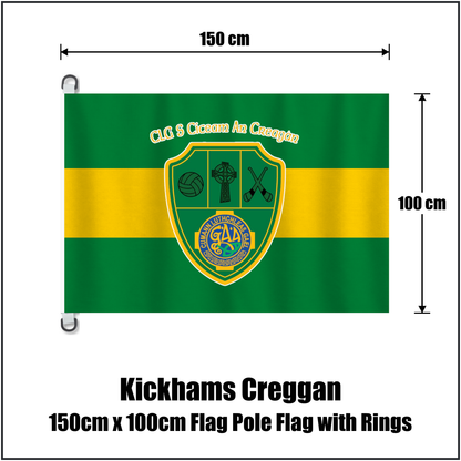 Kickhams Creggan 150cm x 100cm Flag Pole Flag with Rings, featuring the club crest and green and gold colours; County Antrim GAA. ClubFlags.ie.