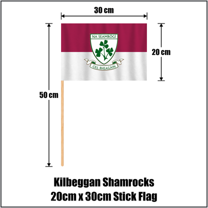 Kilbeggan Shamrocks 20cm x 30cm Stick Flag, featuring the club crest and maroon and white colours; County Westmeath GAA. ClubFlags.ie.