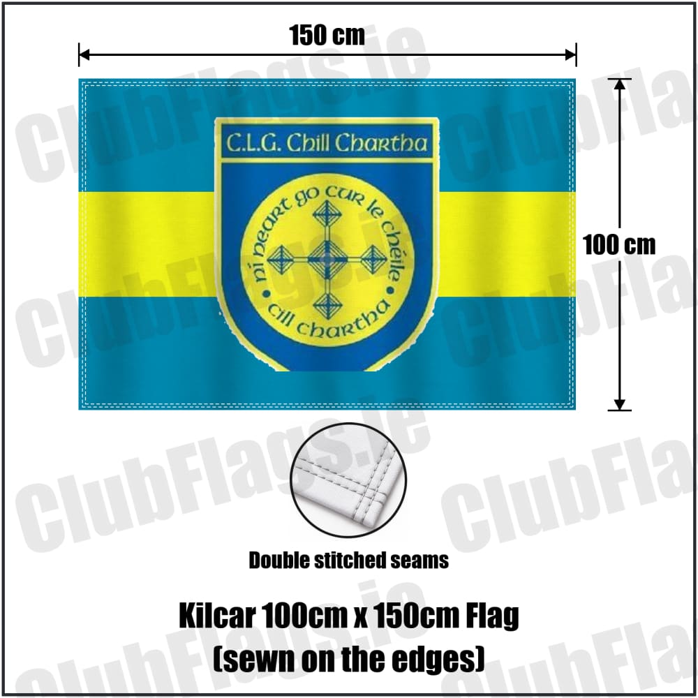 Kilcar 100cm x 150cm Flag (sewn on the edges) in blue and yellow, featuring the club crest on realistic fabric with gentle vertical folds; County Donegal GAA. ClubFlags.ie.