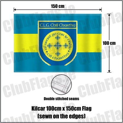 Kilcar 100cm x 150cm Flag (sewn on the edges) in blue and yellow, featuring the club crest on realistic fabric with gentle vertical folds; County Donegal GAA. ClubFlags.ie.