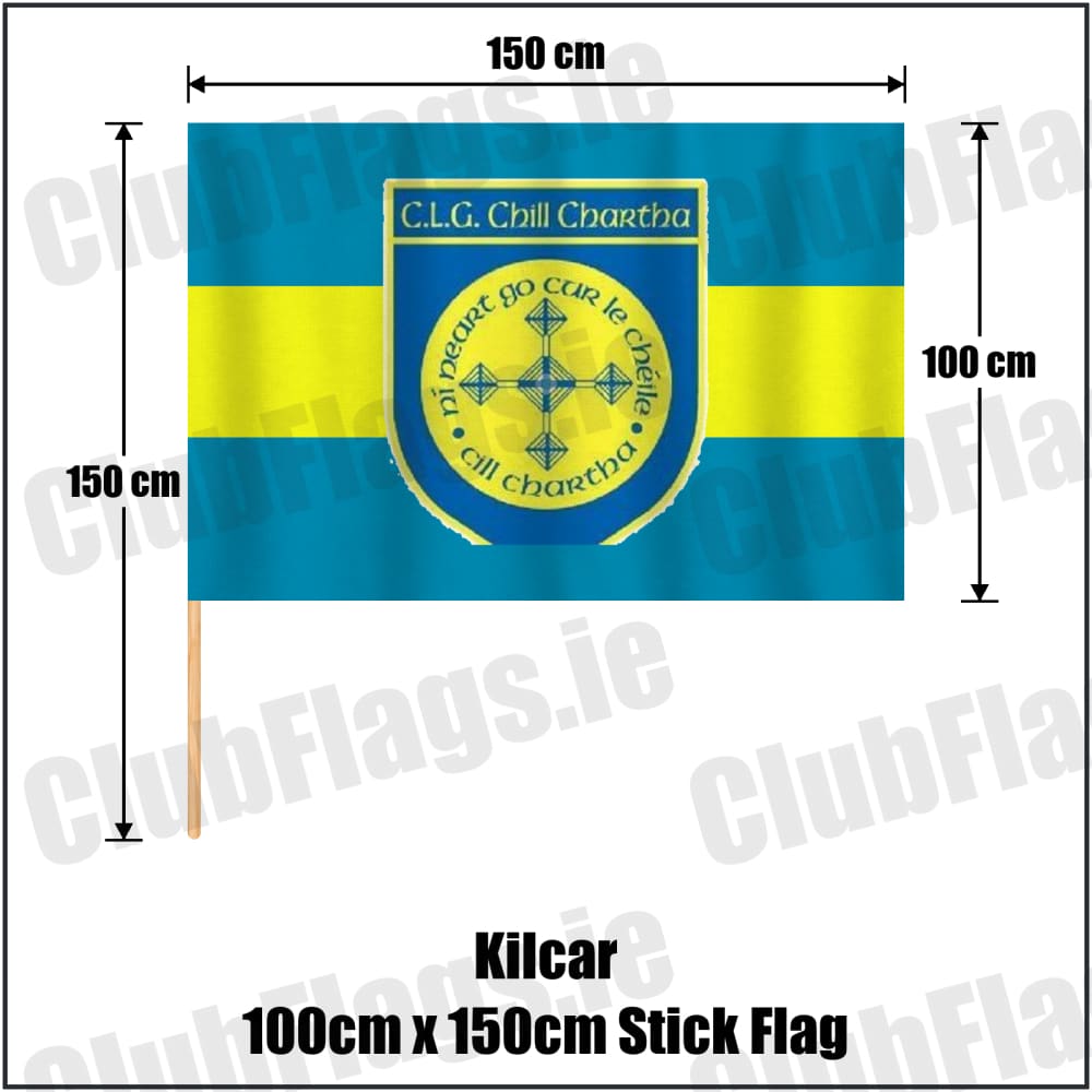 Kilcar 100cm x 150cm Stick Flag in blue and yellow, featuring the club crest on realistic fabric with gentle vertical folds; County Donegal GAA. ClubFlags.ie.