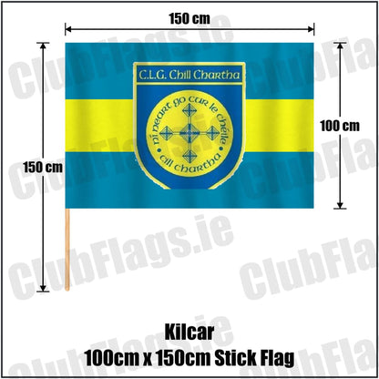 Kilcar 100cm x 150cm Stick Flag in blue and yellow, featuring the club crest on realistic fabric with gentle vertical folds; County Donegal GAA. ClubFlags.ie.