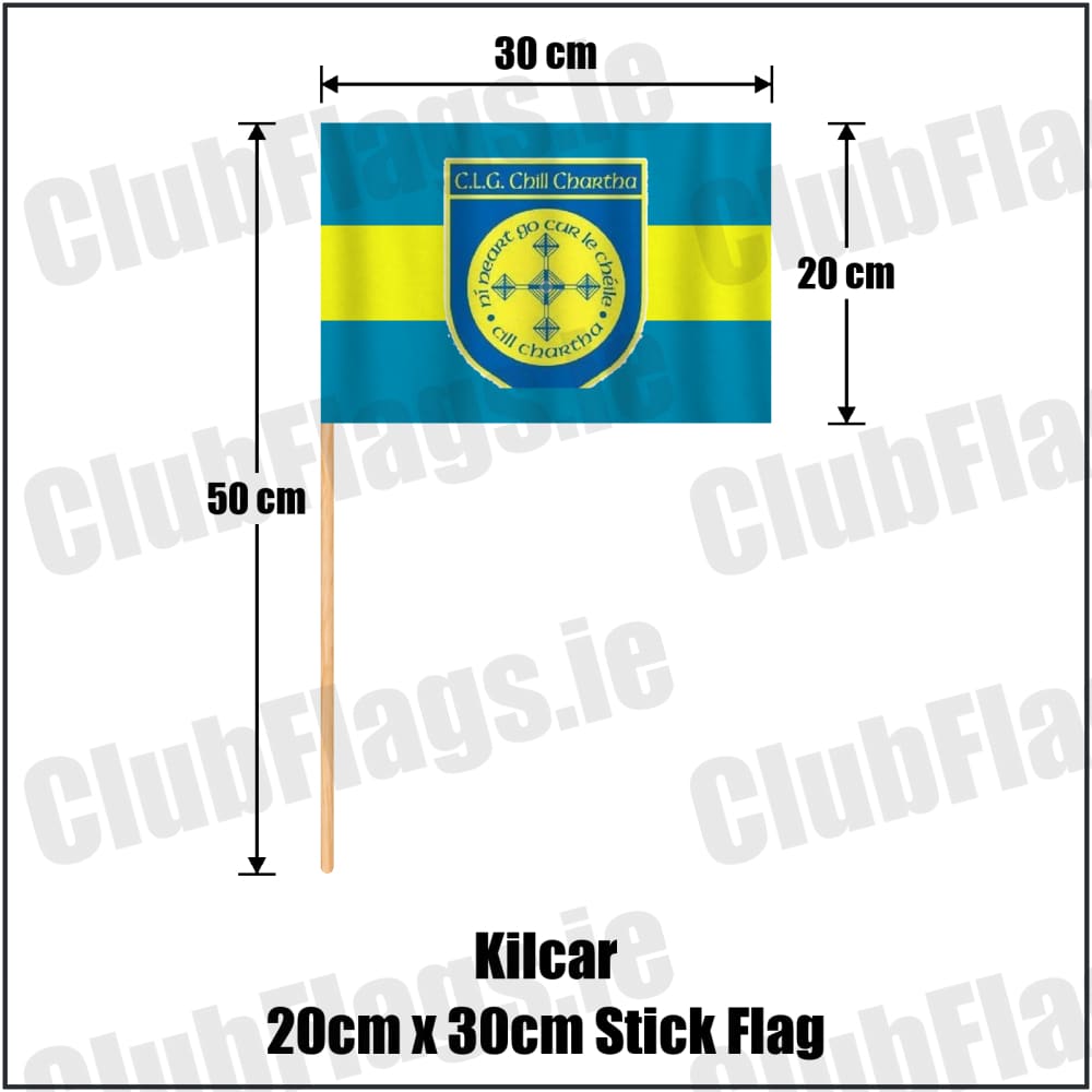 Kilcar 20cm x 30cm Stick Flag in blue and yellow, featuring the club crest on realistic fabric with gentle vertical folds; County Donegal GAA. ClubFlags.ie.