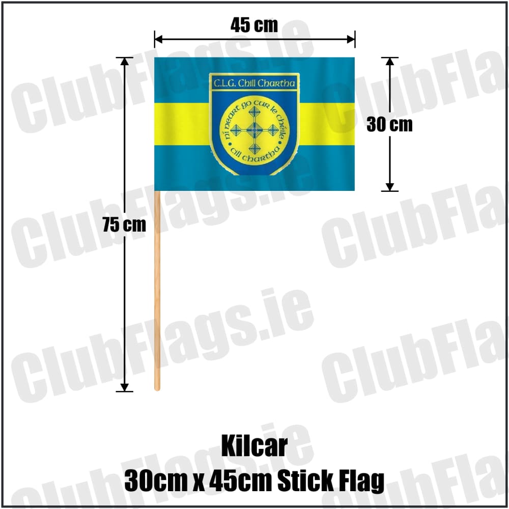 Kilcar 30cm x 45cm Stick Flag in blue and yellow, featuring the club crest on realistic fabric with gentle vertical folds; County Donegal GAA. ClubFlags.ie.