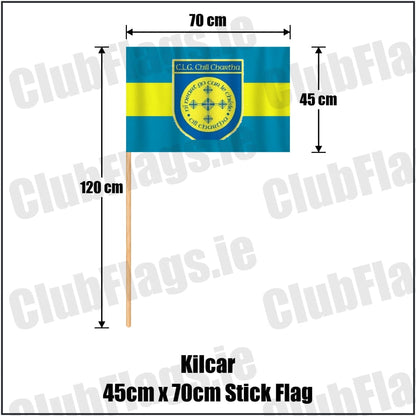Kilcar 45cm x 70cm Stick Flag in blue and yellow, featuring the club crest on realistic fabric with gentle vertical folds; County Donegal GAA. ClubFlags.ie.