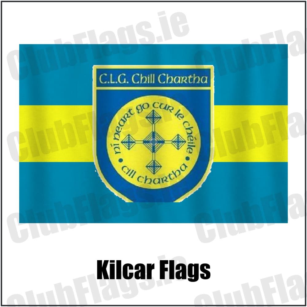 Kilcar Flags in blue and yellow, featuring the club crest on realistic fabric with gentle vertical folds; County Donegal GAA. ClubFlags.ie.