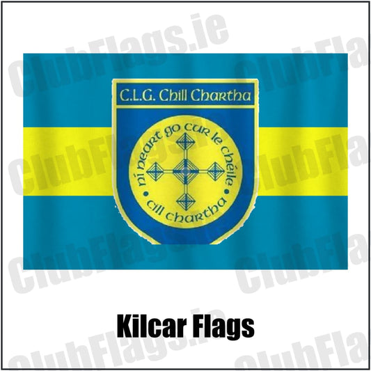 Kilcar Flags in blue and yellow, featuring the club crest on realistic fabric with gentle vertical folds; County Donegal GAA. ClubFlags.ie.