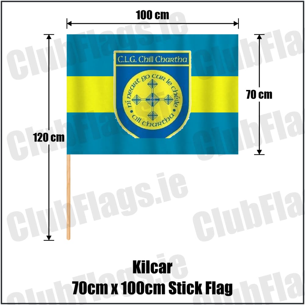 Kilcar 70cm x 100cm Stick Flag in blue and yellow, featuring the club crest on realistic fabric with gentle vertical folds; County Donegal GAA. ClubFlags.ie.