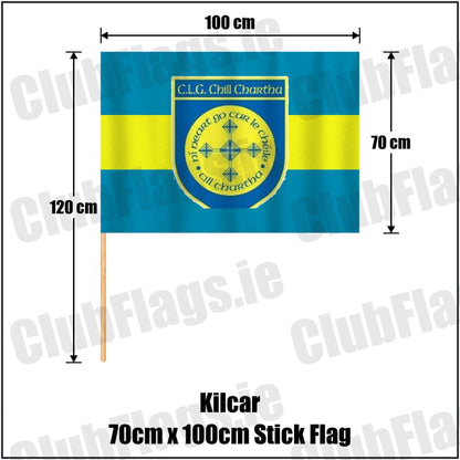 Kilcar 70cm x 100cm Stick Flag in blue and yellow, featuring the club crest on realistic fabric with gentle vertical folds; County Donegal GAA. ClubFlags.ie.