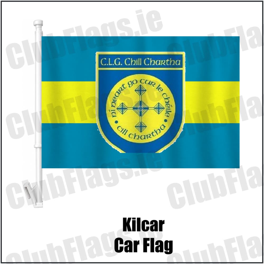 Kilcar Car Flag in blue and yellow, featuring the club crest on realistic fabric with gentle vertical folds; County Donegal GAA. ClubFlags.ie.