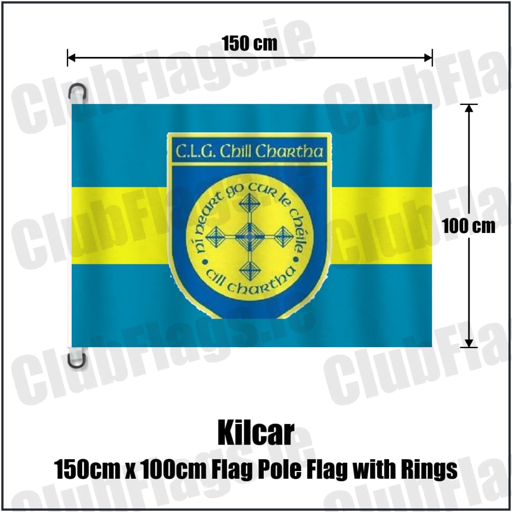 Kilcar 150cm x 100cm Flag Pole Flag with Rings in blue and yellow, featuring the club crest on realistic fabric with gentle vertical folds; County Donegal GAA. ClubFlags.ie.