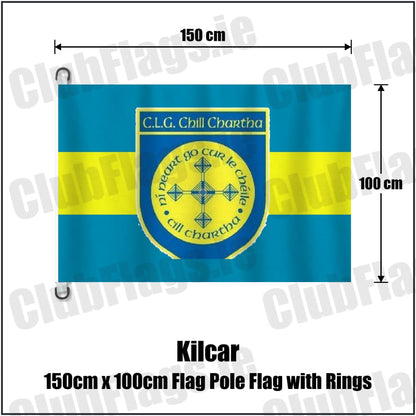 Kilcar 150cm x 100cm Flag Pole Flag with Rings in blue and yellow, featuring the club crest on realistic fabric with gentle vertical folds; County Donegal GAA. ClubFlags.ie.