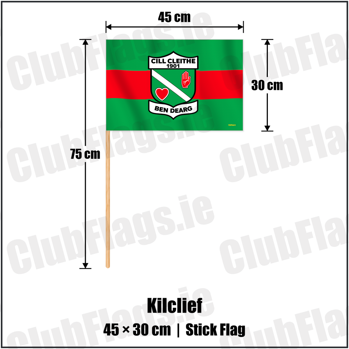 Kilclief 30cm x 45cm Stick Flag with the verified club crest and colours, Down GAA - ClubFlags.ie