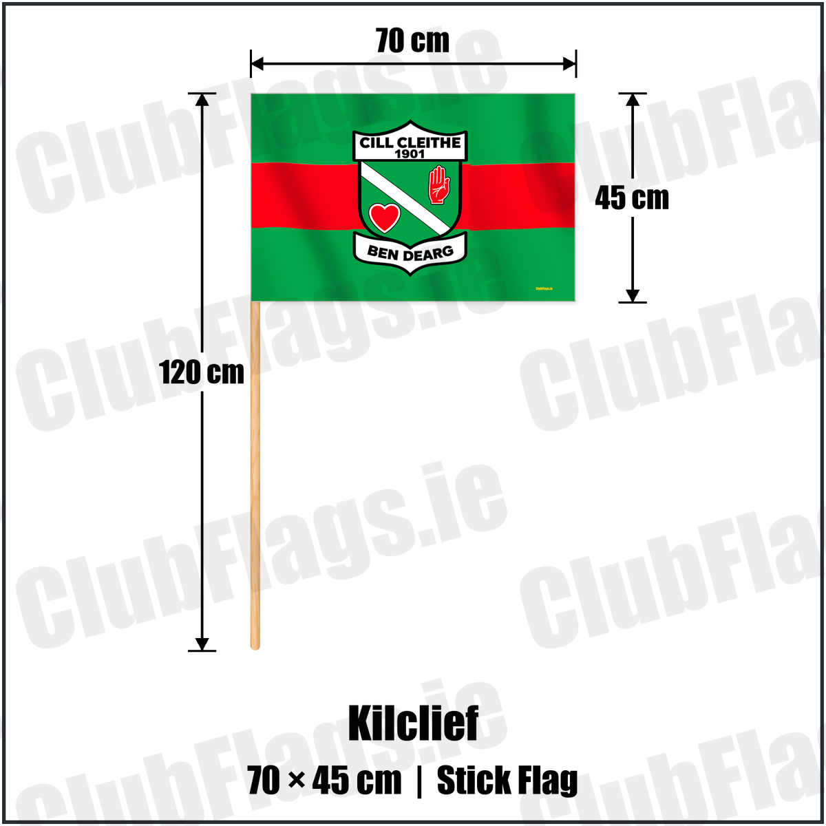 Kilclief 45cm x 70cm Stick Flag with the verified club crest and colours, Down GAA - ClubFlags.ie