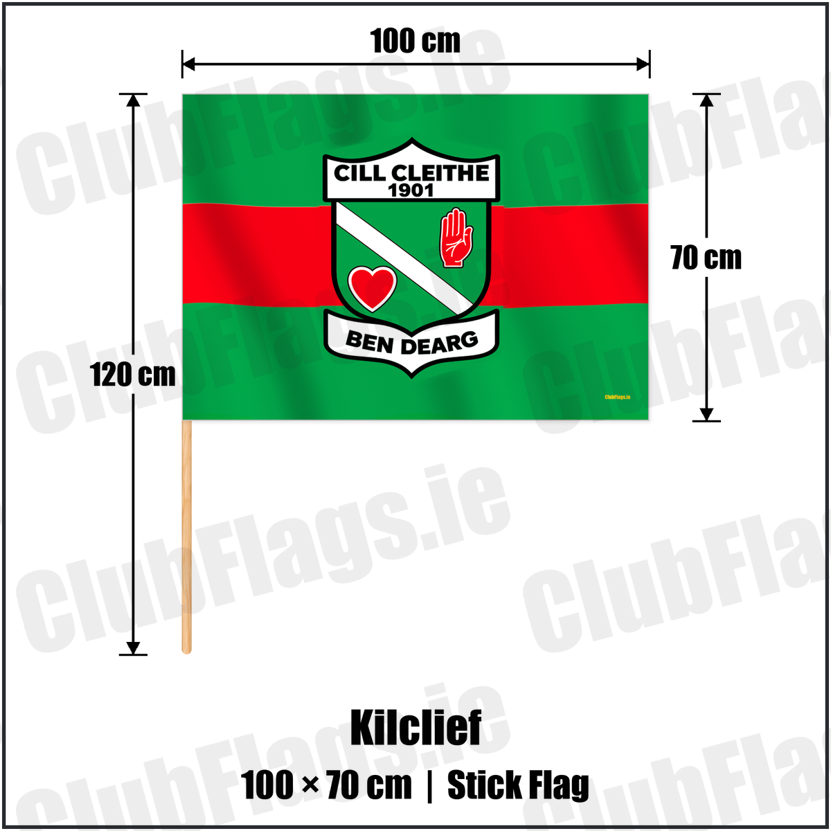 Kilclief 70cm x 100cm Stick Flag with the verified club crest and colours, Down GAA - ClubFlags.ie