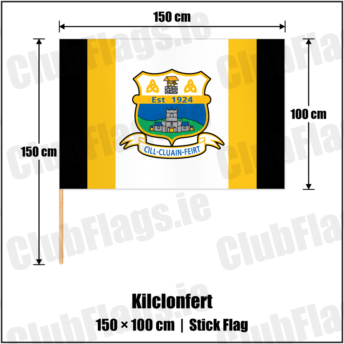 Kilclonfert 100cm x 150cm Stick Flag with the club crest and colours, Offaly GAA - ClubFlags.ie