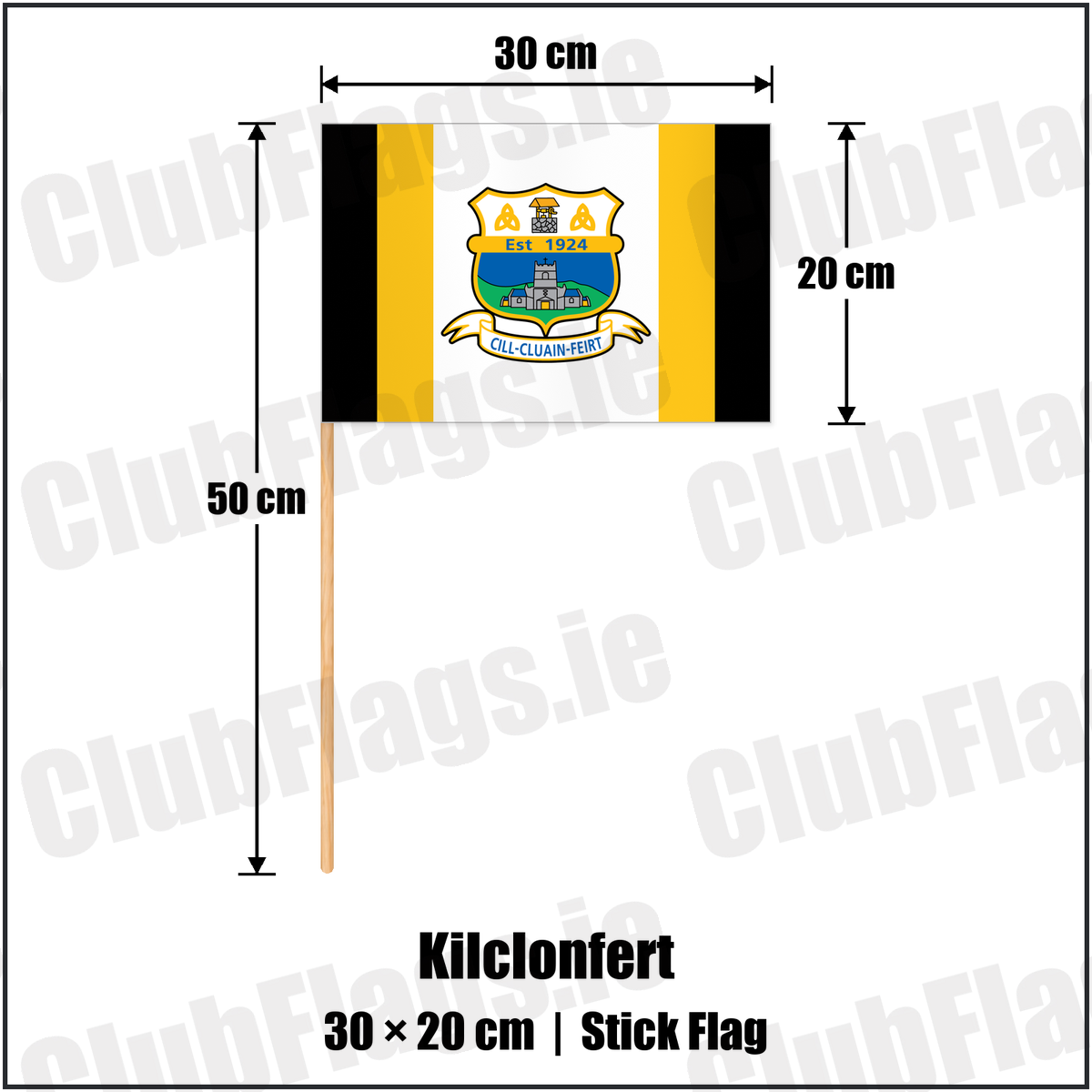 Kilclonfert 20cm x 30cm Stick Flag with the club crest and colours, Offaly GAA - ClubFlags.ie